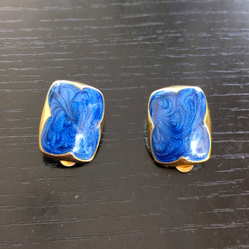 Clip-on gold earrings with a blue gem, Vintage  80s